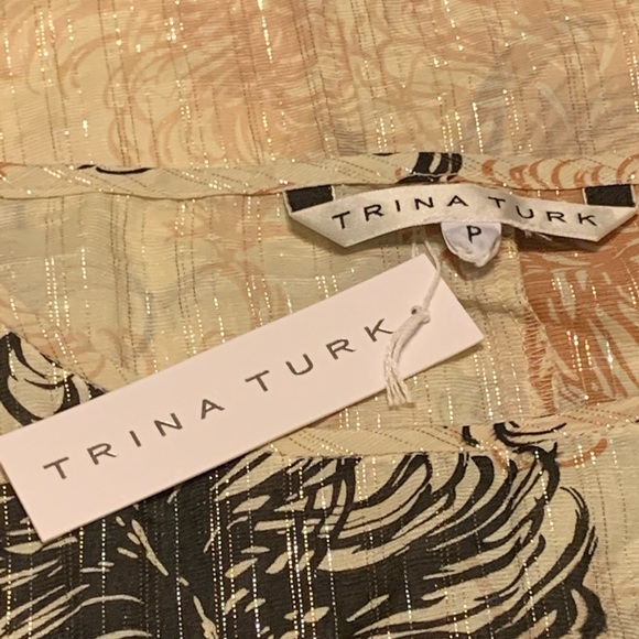 Trina Turk Cream Black Lace Silk Feathers Top 0 - Picture 4 of 7